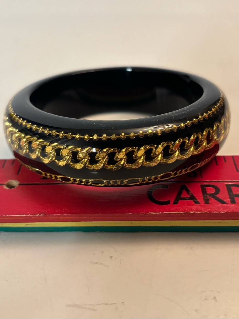 Vintage black lucite Chain Accent Bangle Bracelet